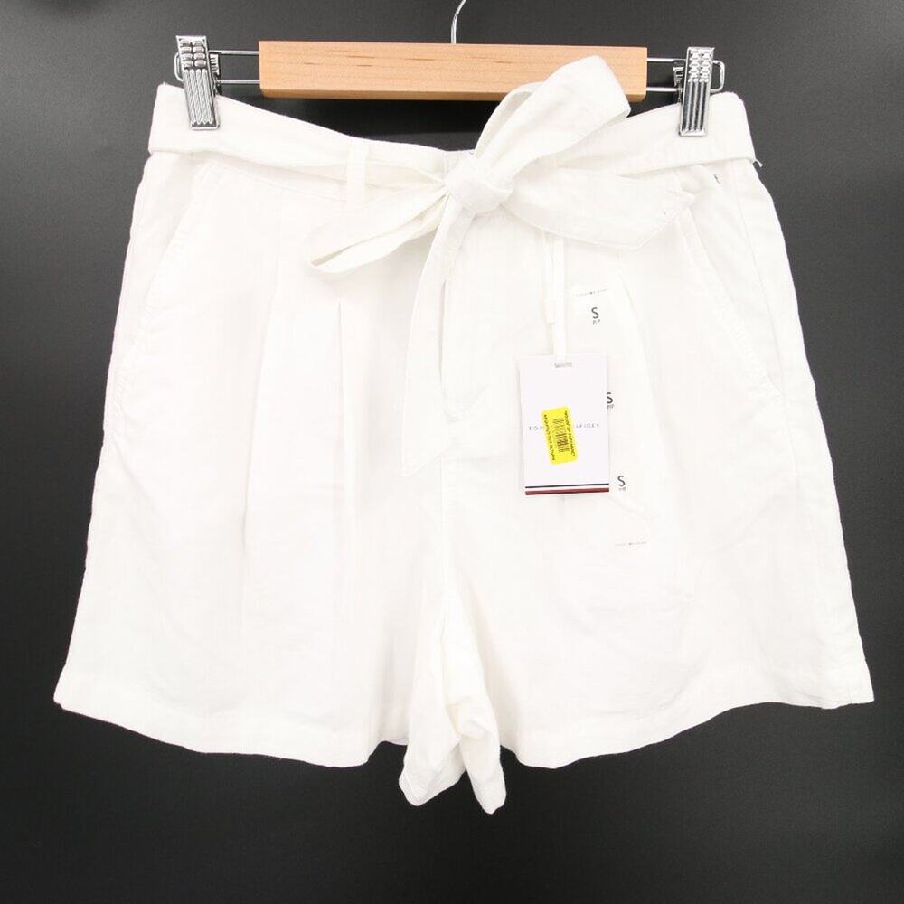 Tommy Hilfiger Shorts White Cotton Paper Bag Pleated High Rise Bow Size Small